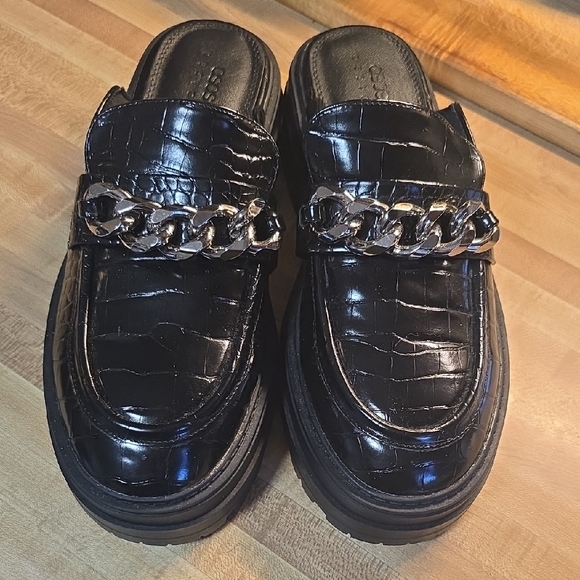 ASOS Shoes - ASOS Black Croc-Embossed Mules with Chain Accent